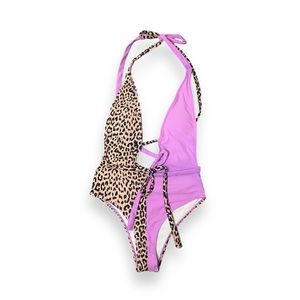 Women’s Leopard Print and Purple Cheeky One Piece Swimsuit Size S Wrap Around